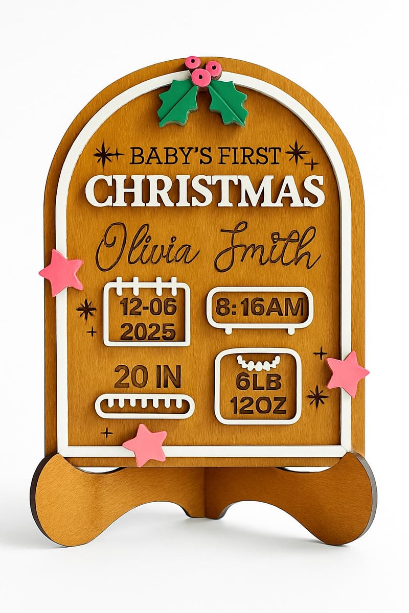 baby birth stats Christmas plaque with stand, shown in a styled setting
