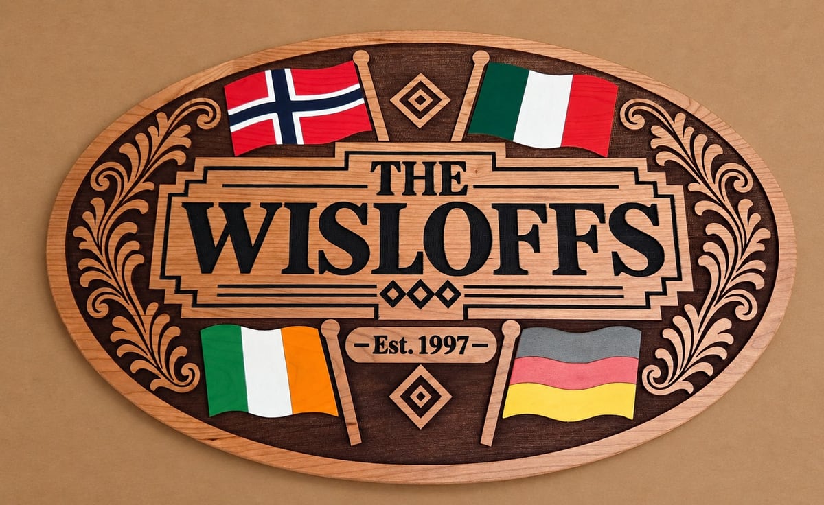 Finished personalized Wisloffs family name plaque in solid cherry wood with four hand-painted country flags